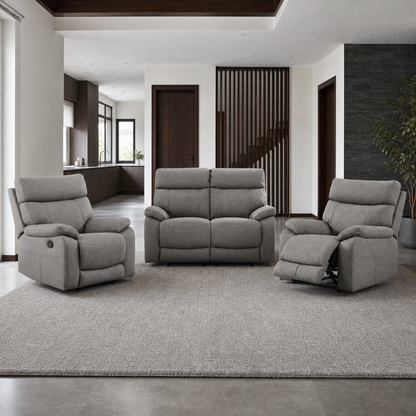 Frigid 1+2+1 Recliner Set complete configuration in an editorial living room