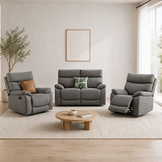 Frigid 1+2+1 Recliner Set complete configuration in an editorial living room
