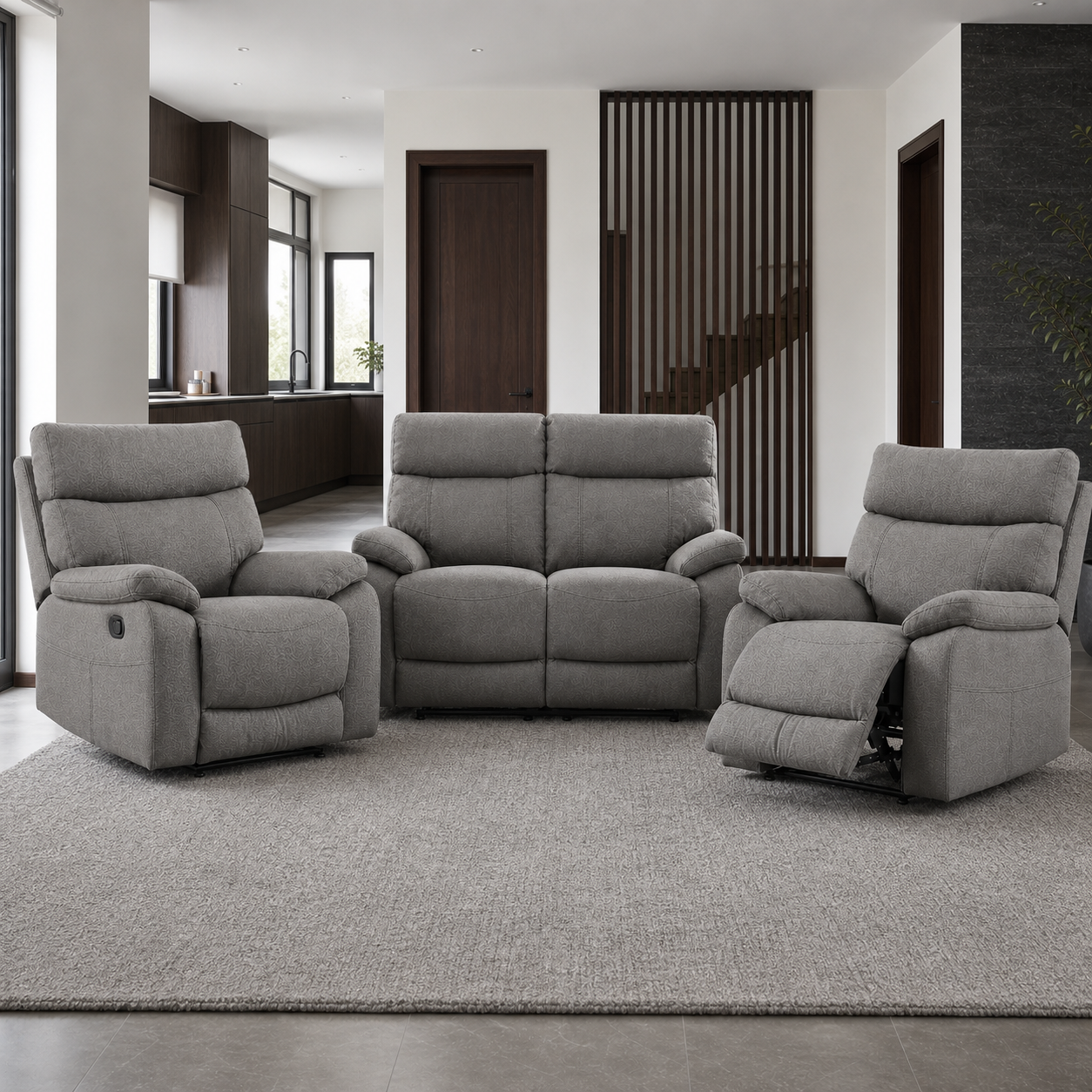 Frigid 1+2+1 Recliner Set upholstery and reclining detail