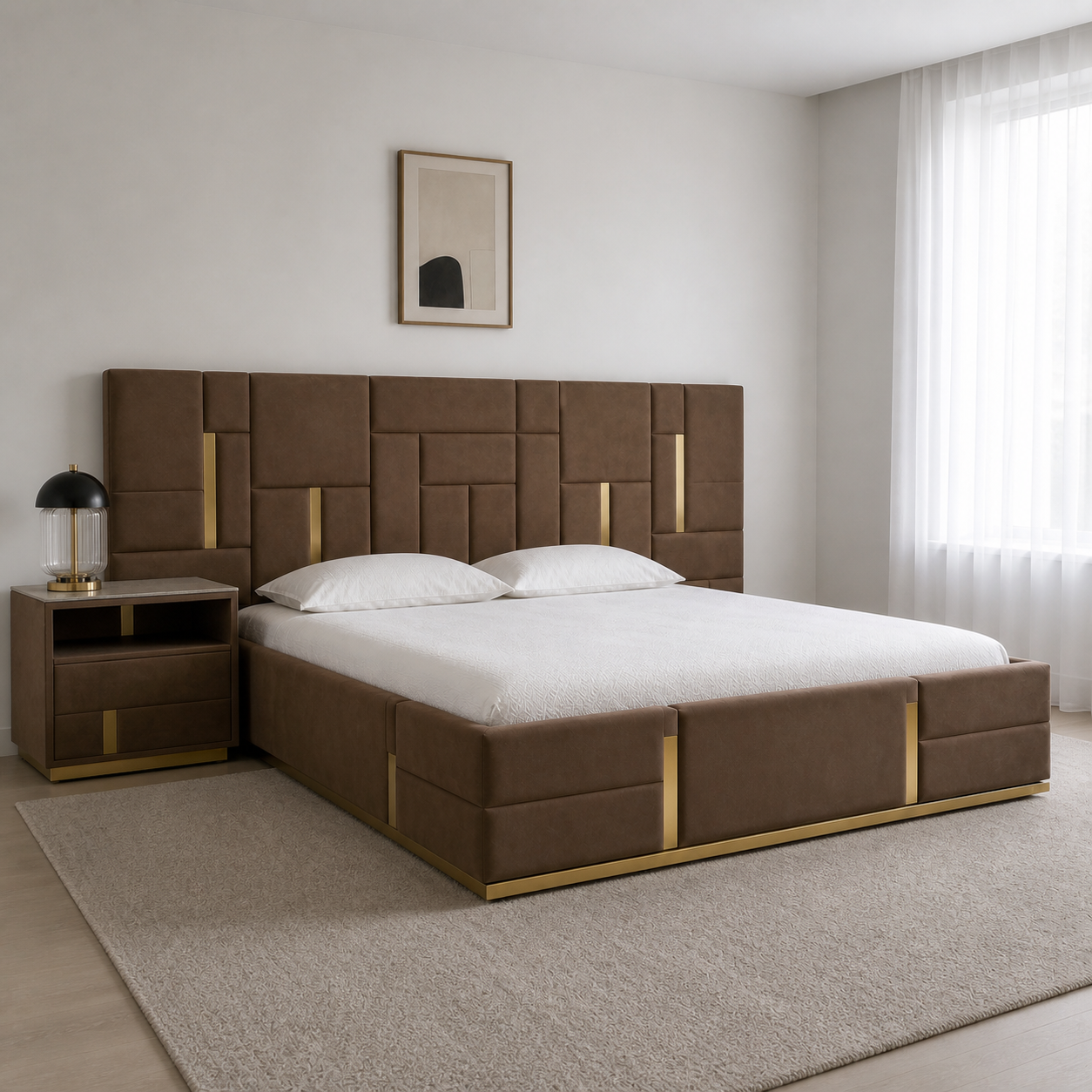 Gale - Bed, closer made-bed view showing the complete frame construction
