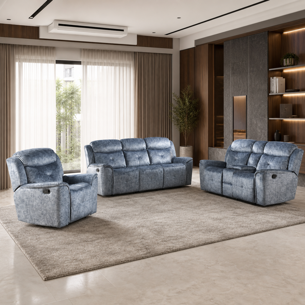 Garnet 3+2+1 Recliner Set complete configuration in an editorial living room
