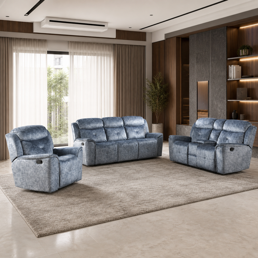 Garnet 3+2+1 Recliner Set complete configuration in an editorial living room