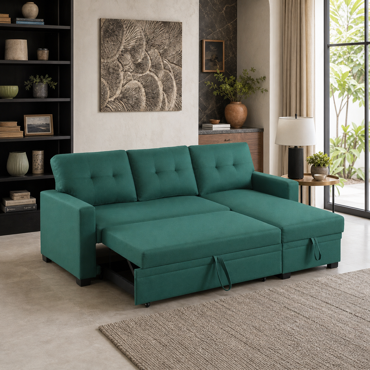 Gionna - Sofa bed, front view verifying the fully open footprint