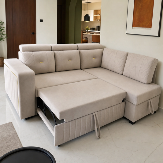 Glena - Sofa bed, front view verifying the source-proven open footprint