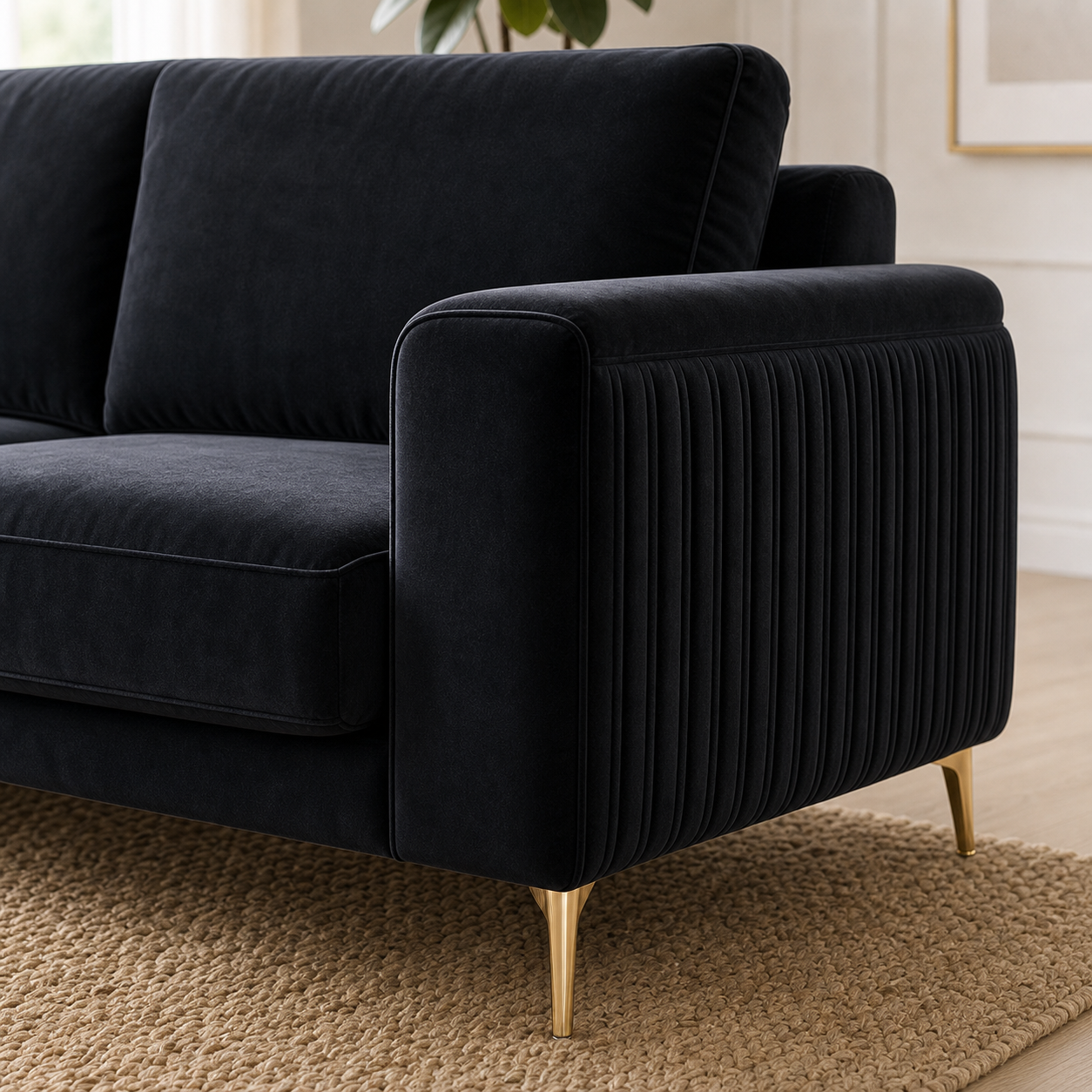 Detail view of Glint - 3+2+1 Sofa Set upholstery, seams, base, and legs