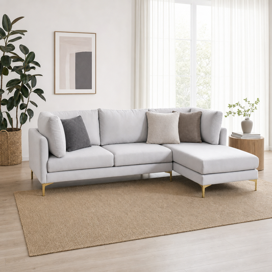 Glitz - L shape sectional sofa, three-quarter view showing the chaise and depth
