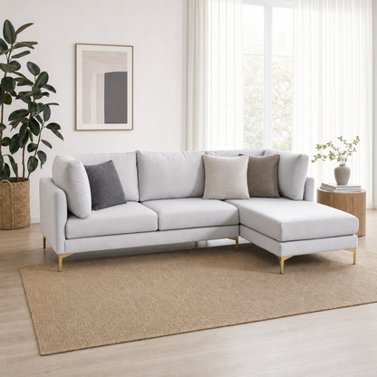 Glitz - L shape sectional sofa, three-quarter view showing the chaise and depth