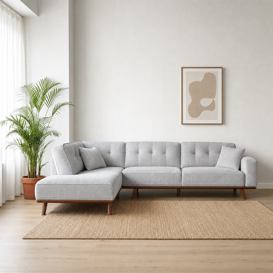 Halo - L shape sectional sofa in light silver-grey chenille, front view in a modern living room