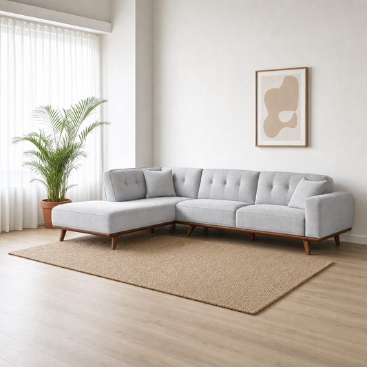 Halo - L shape sectional sofa, three-quarter view showing the chaise and depth