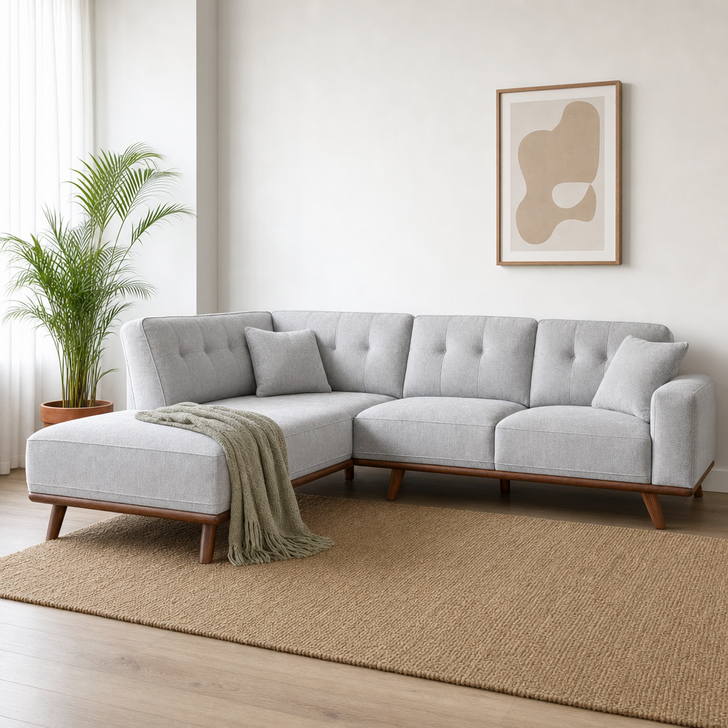Halo - L shape sectional sofa styled with a sage-green throw