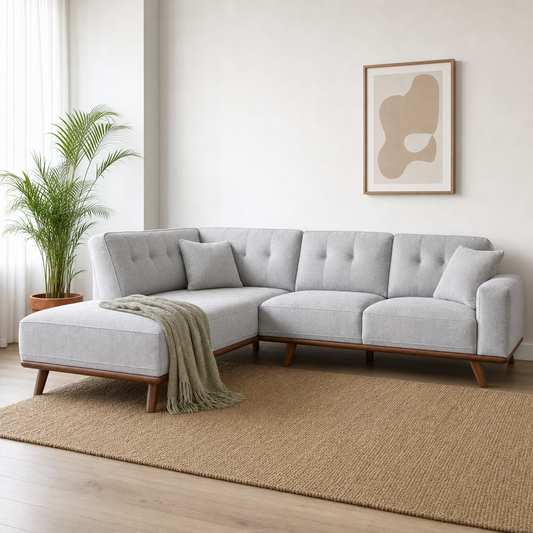 Halo - L shape sectional sofa styled with a sage-green throw