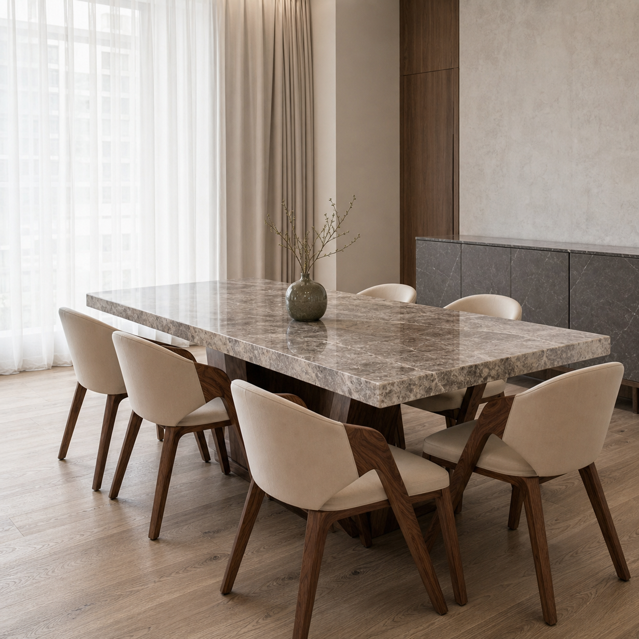 Gray - Wooden Top Dining Table, complete front three-quarter dining view in a contemporary room