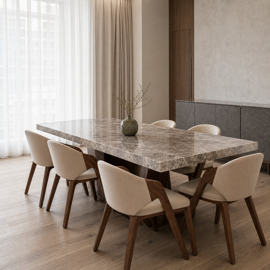 Gray - Wooden Top Dining Table, complete front three-quarter dining view in a contemporary room