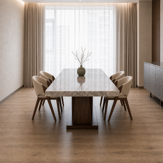 Gray - Wooden Top Dining Table, clearly different end-on dining-room view