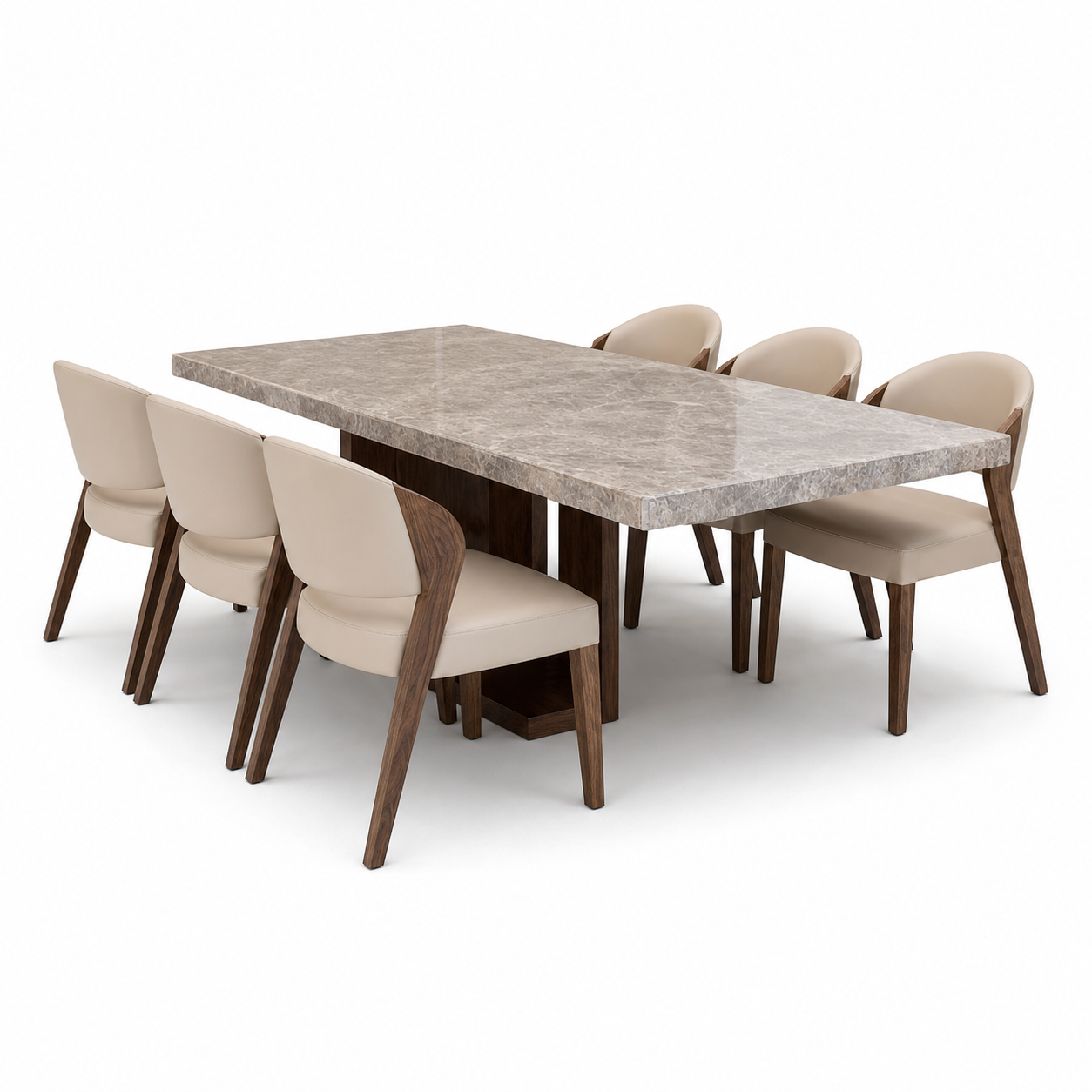 Gray - Wooden Top Dining Table, complete set front three-quarter studio view