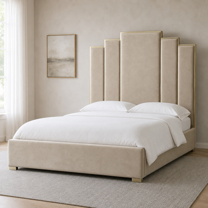 Hedy - Bed, complete front three-quarter bed view in a restrained bedroom