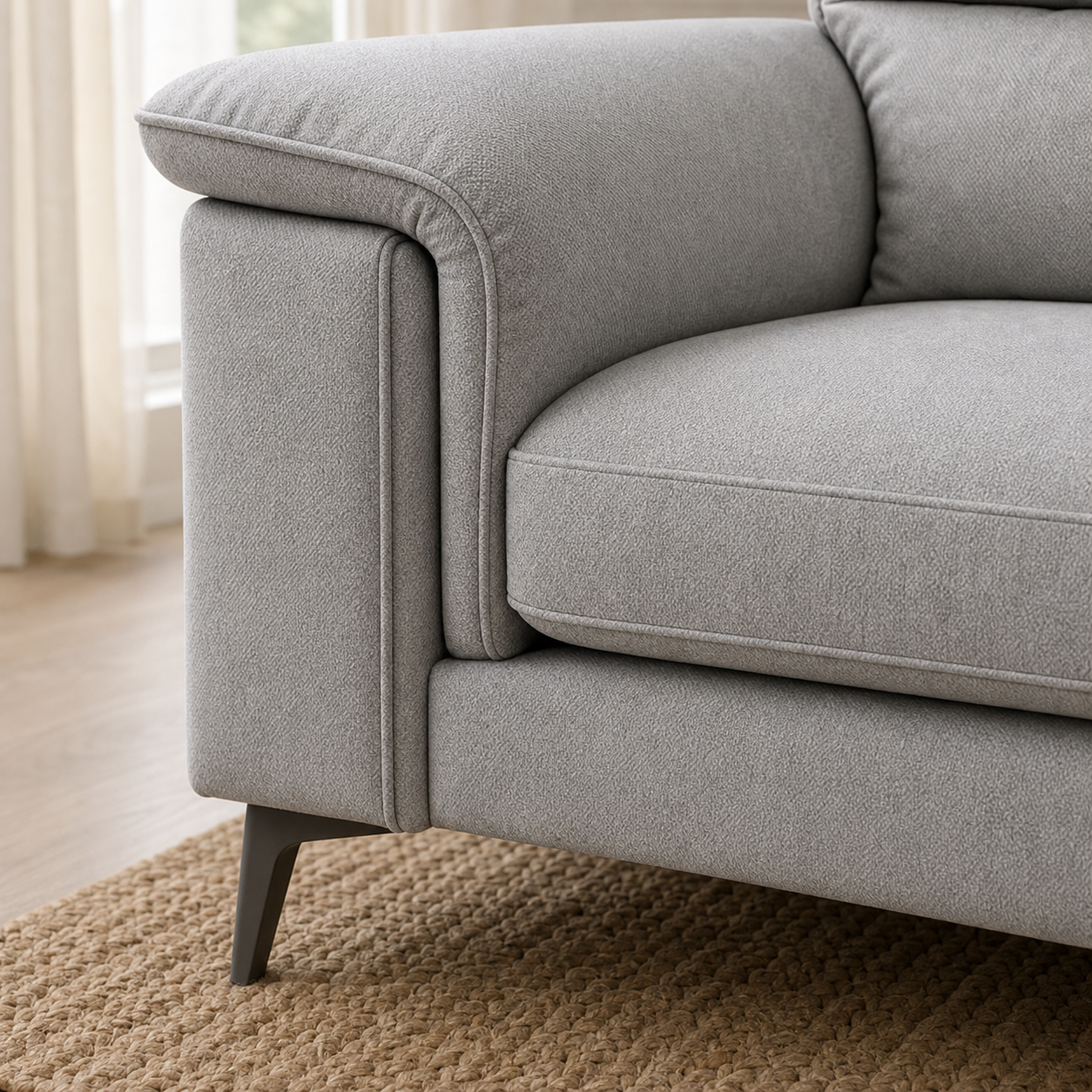 Detail view of Hush - 3+2+1 Sofa Set upholstery, seams, base, and legs