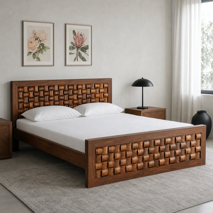 Indi - Bed, complete front three-quarter bed view in a restrained bedroom
