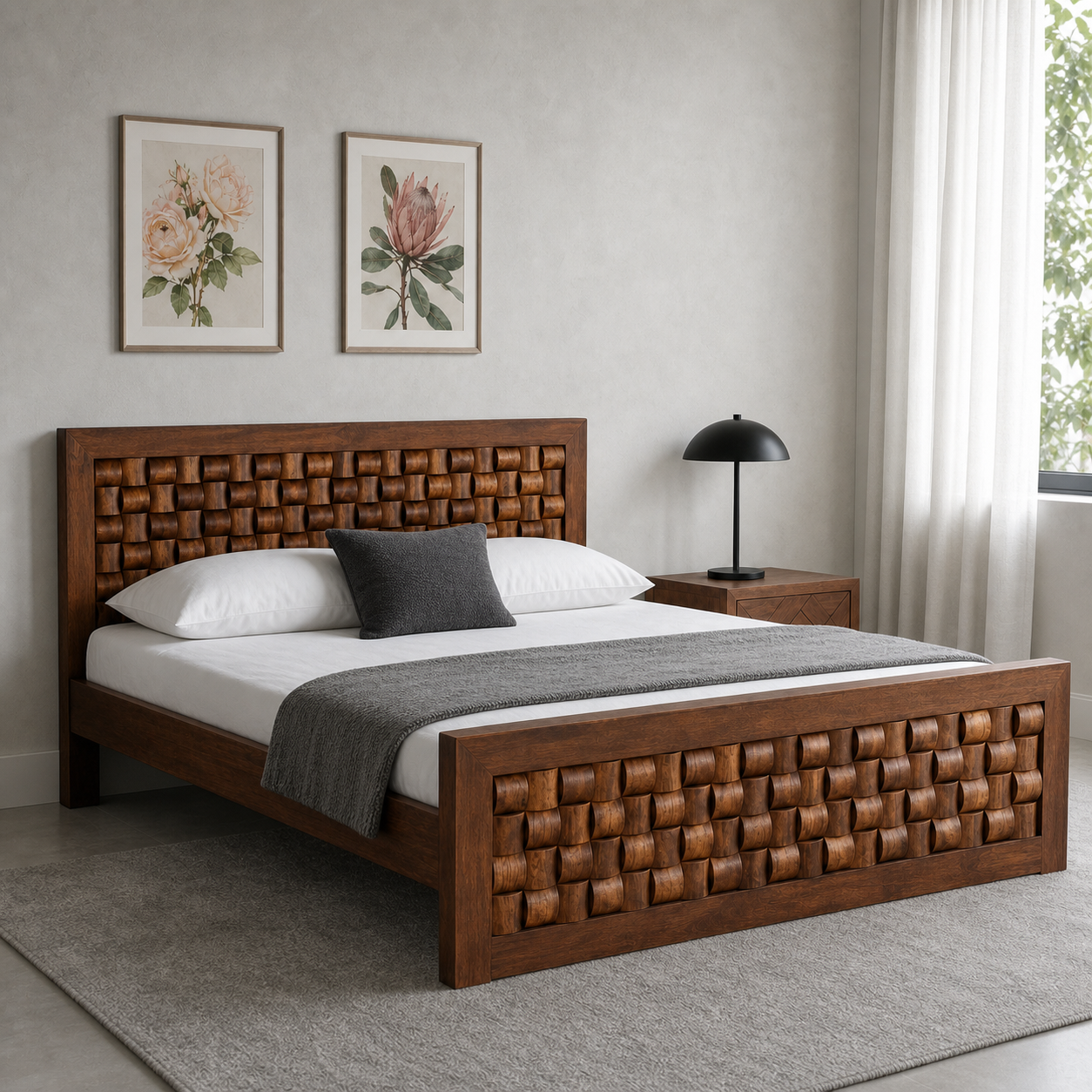 Indi - Bed, closer made-bed view showing the complete frame construction