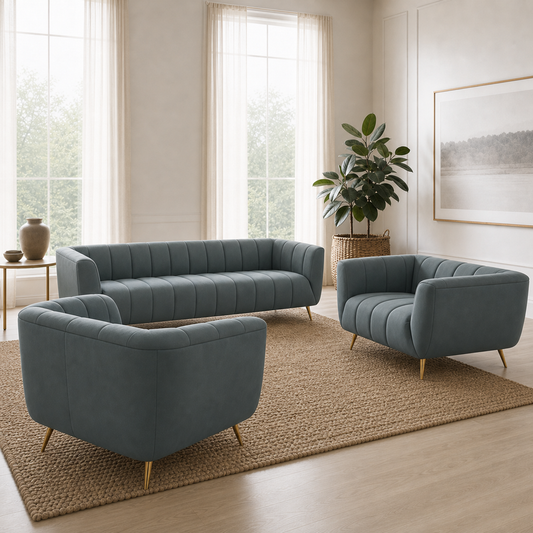 Indigo - 3+2+1 Sofa Set, alternate room angle of the complete 3+2+1 sofa set