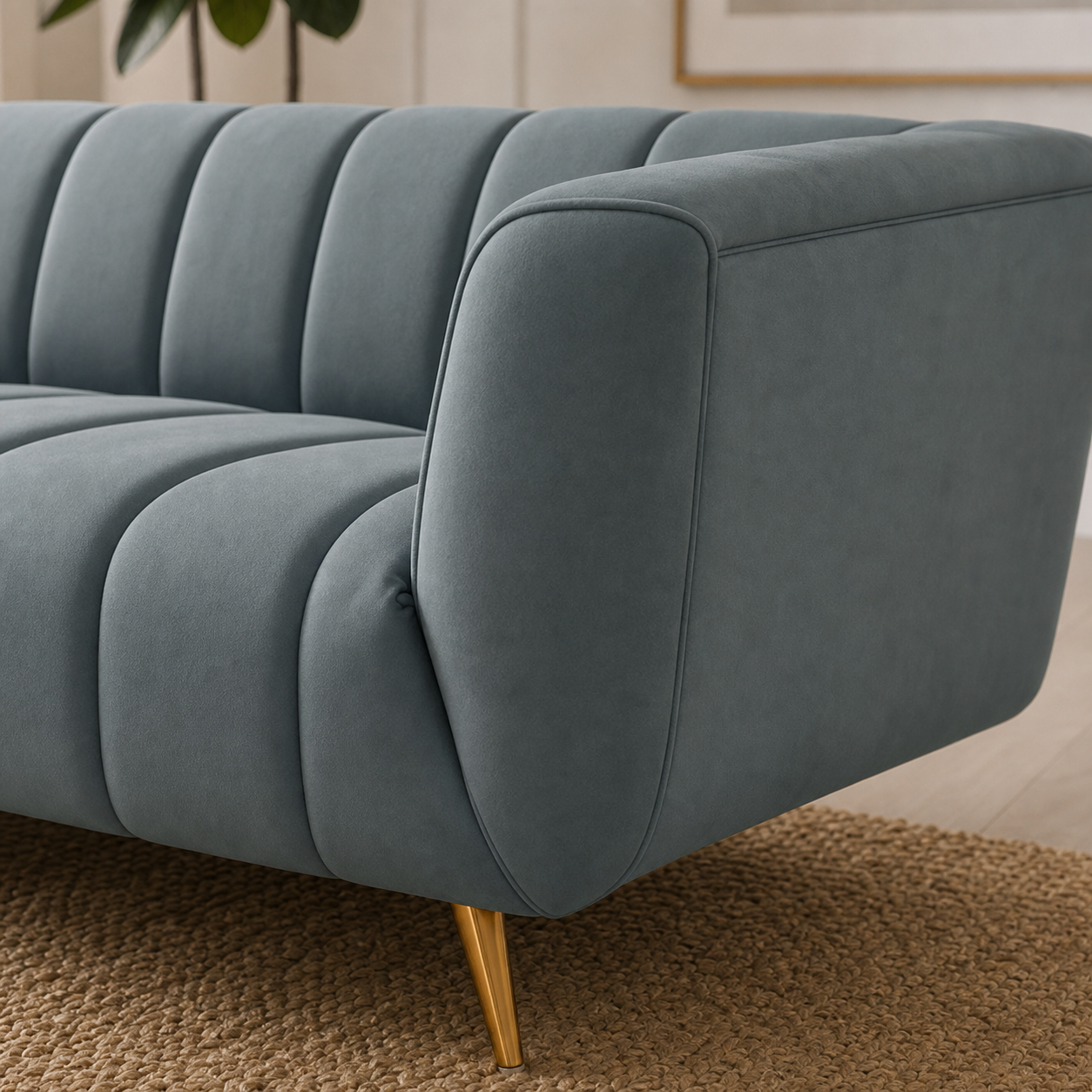 Detail view of Indigo - 3+2+1 Sofa Set upholstery, seams, base, and legs