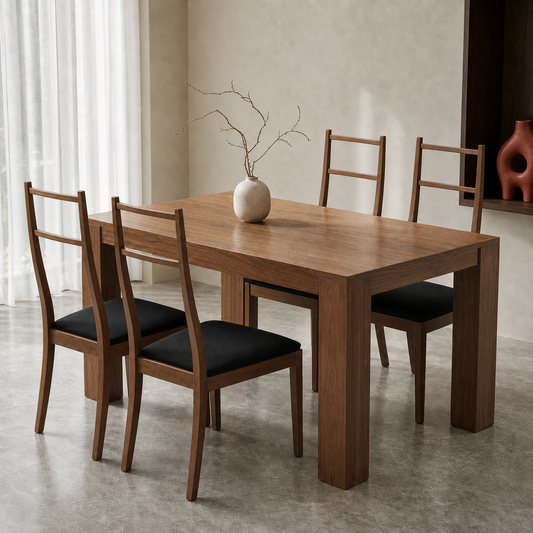 Jace - Wooden Top Dining Table, complete front three-quarter dining view in a contemporary room