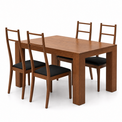 Jace - Wooden Top Dining Table, complete set front three-quarter studio view