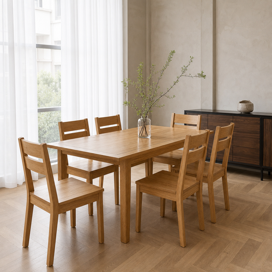 Jade - Wooden Top Dining Table, complete front three-quarter dining view in a contemporary room