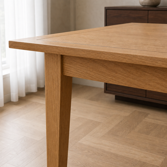 Jade - Wooden Top Dining Table, close tabletop and construction detail