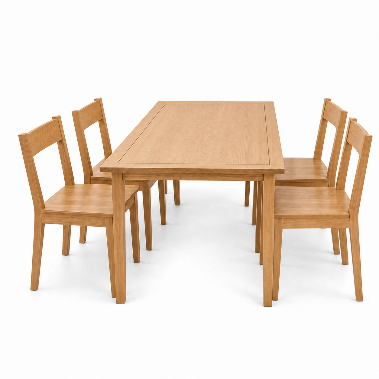 Jade - Wooden Top Dining Table, complete set front three-quarter studio view