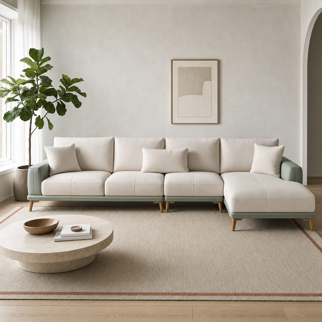 Jewel - L shape sectional sofa in ivory-cream with sage-green base (two-tone leathaire), front view in a modern living room