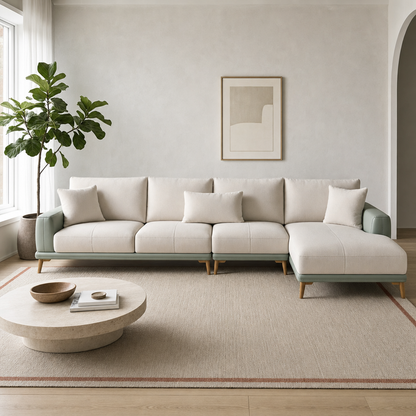 Jewel - L shape sectional sofa in ivory-cream with sage-green base (two-tone leathaire), front view in a modern living room