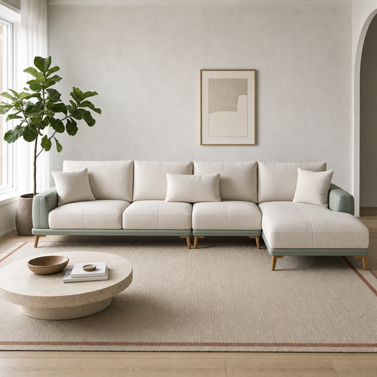 Jewel - L shape sectional sofa in ivory-cream with sage-green base (two-tone leathaire), front view in a modern living room