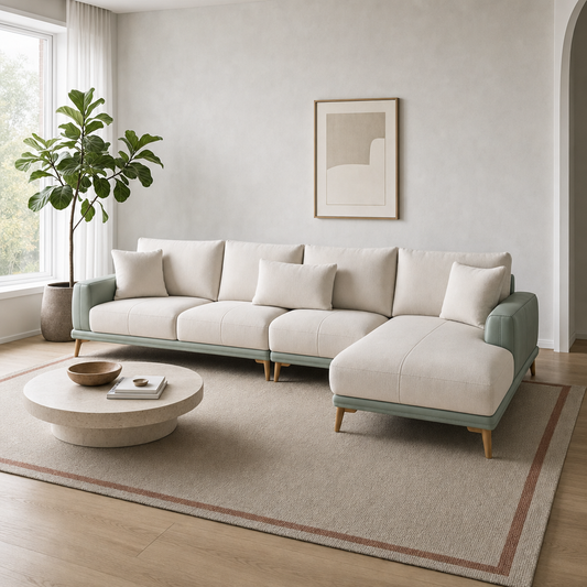 Jewel - L shape sectional sofa, three-quarter view showing the chaise and depth