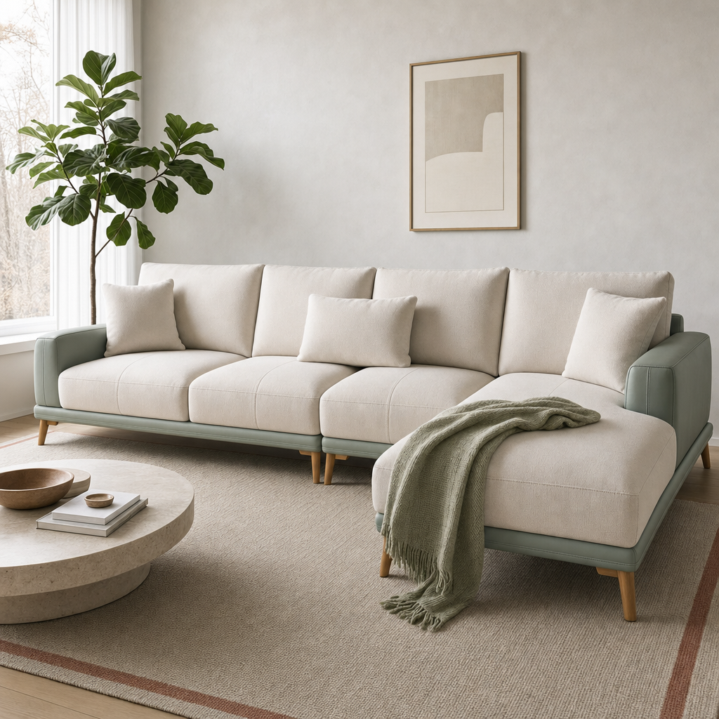 Jewel - L shape sectional sofa styled with a sage-green throw