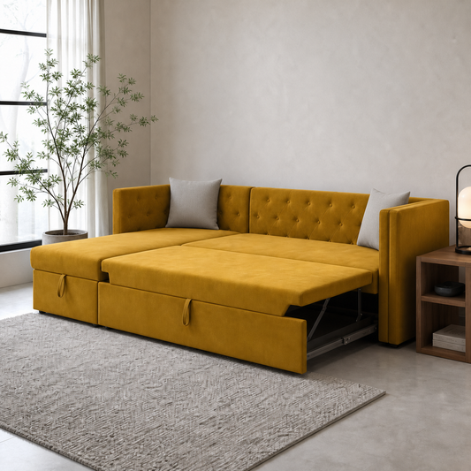 Jolen - Sofa bed, fully open sofa-bed hero in a contemporary living room