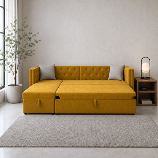 Jolen - Sofa bed, front view verifying the fully open footprint