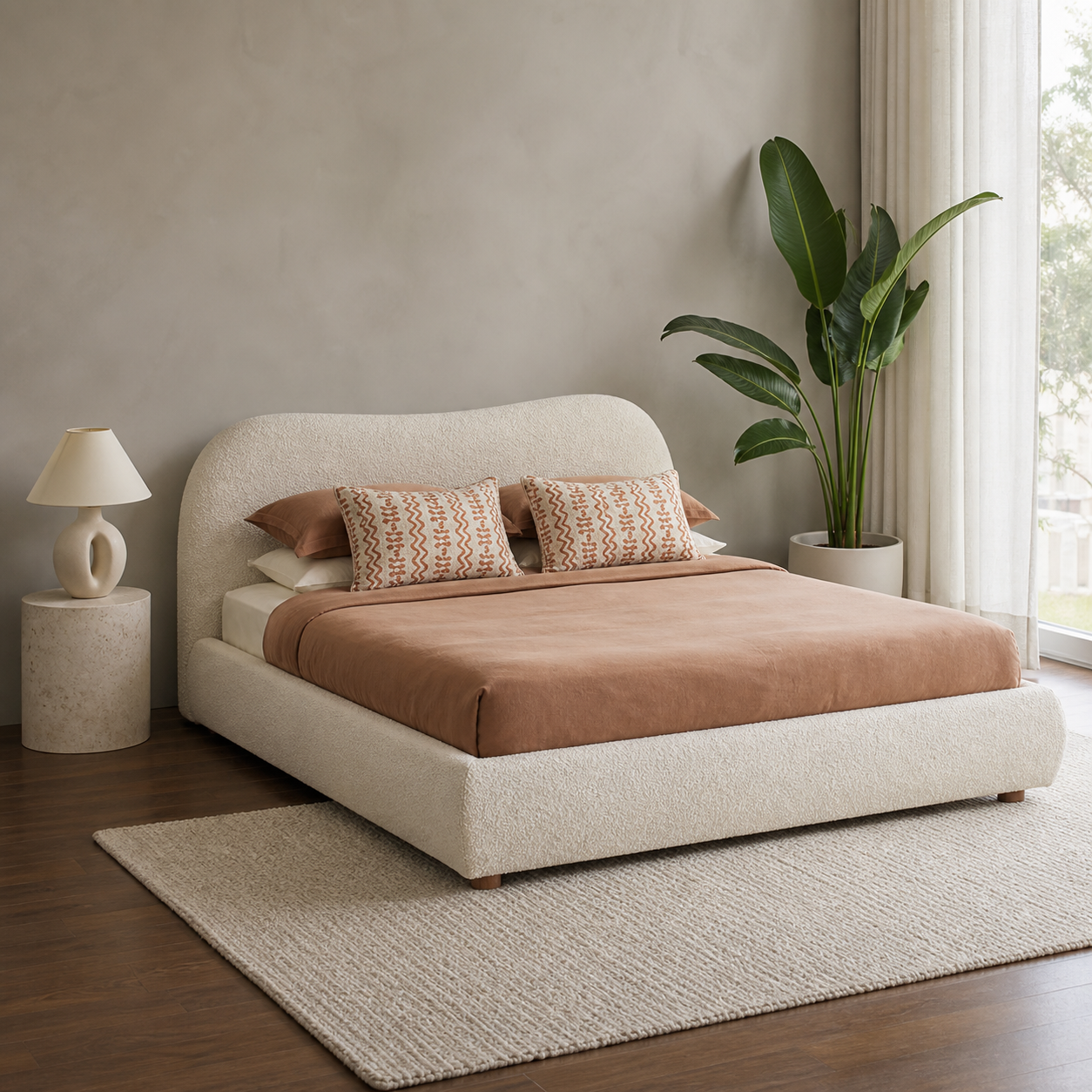 Juna - Bed, complete front three-quarter bed view in a restrained bedroom