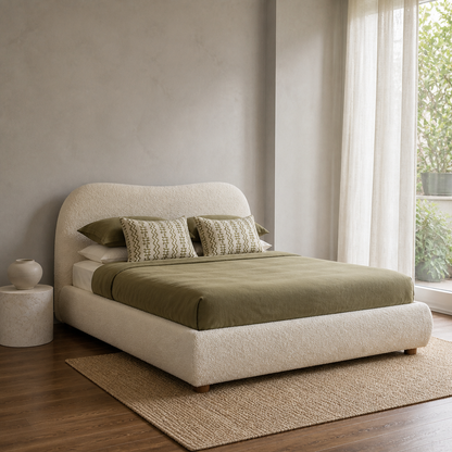 Juna - Bed, closer made-bed view showing the complete frame construction
