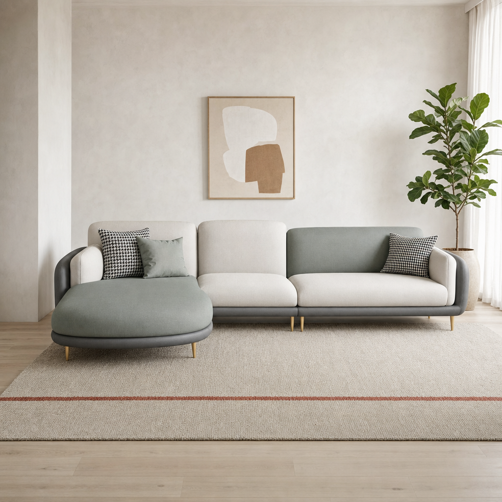 Juno - L shape sectional sofa in sage green and ivory, front view in a modern living room