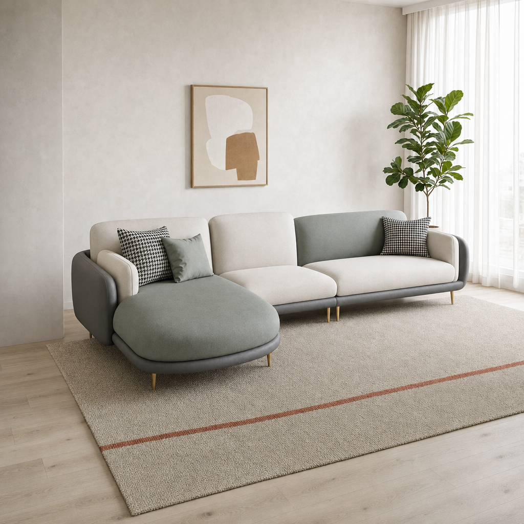 Juno - L shape sectional sofa, three-quarter view showing the chaise and depth