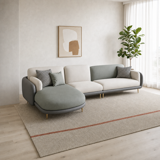 Juno - L shape sectional sofa, three-quarter view showing the chaise and depth