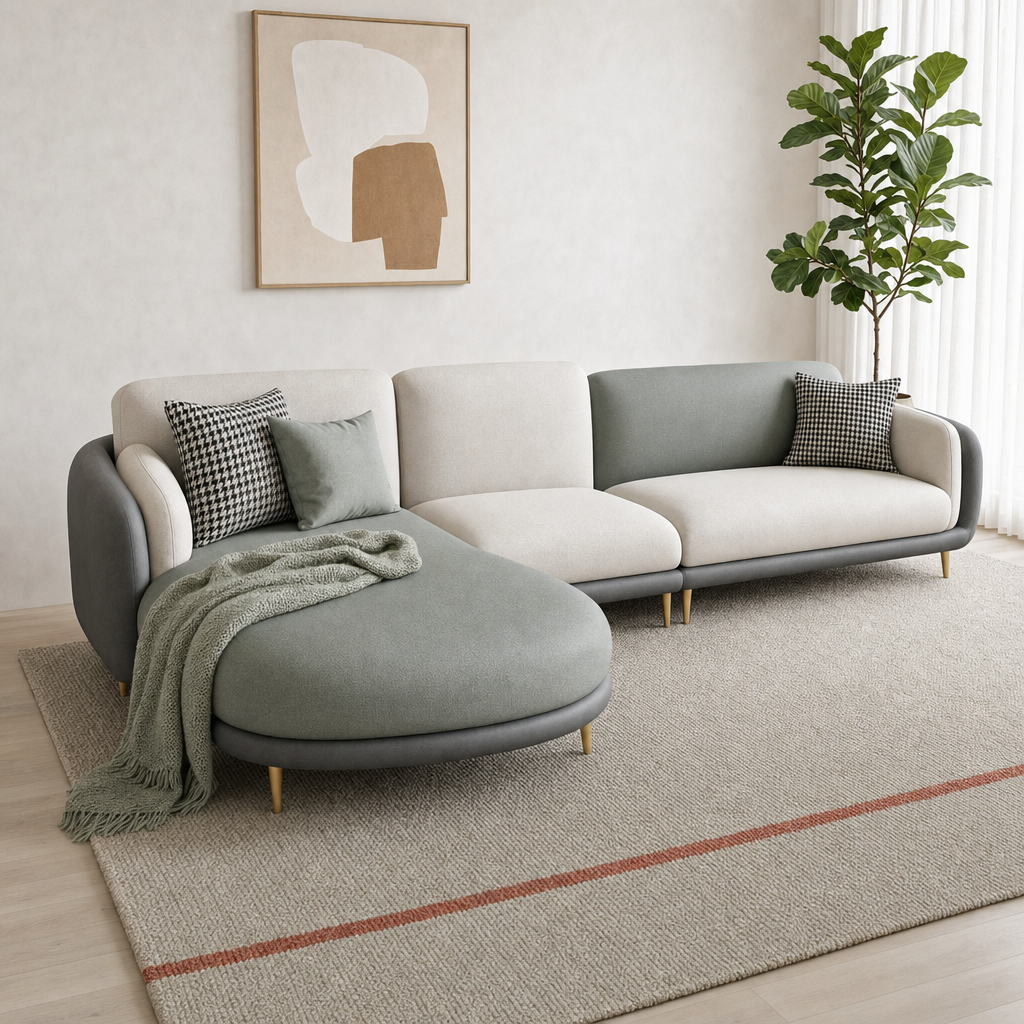 Juno - L shape sectional sofa styled with a sage-green throw