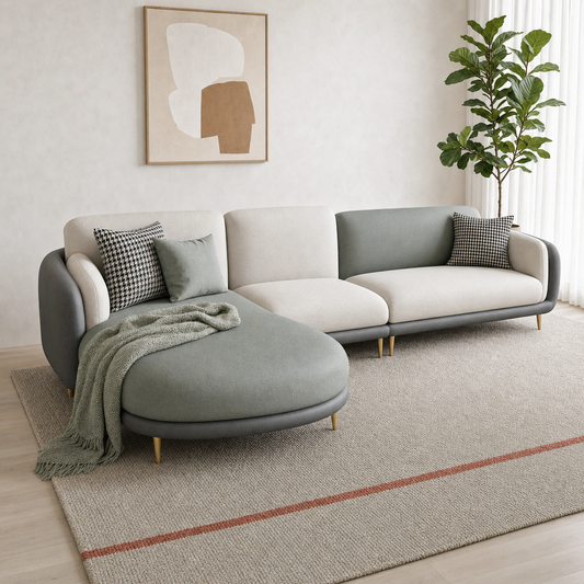 Juno - L shape sectional sofa styled with a sage-green throw