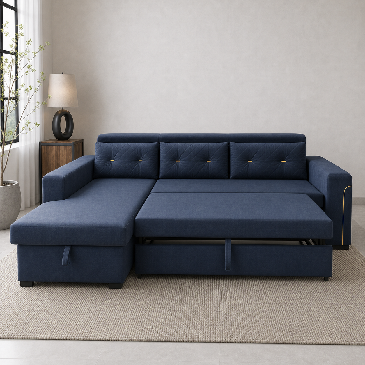 Junor - Sofa bed, front view verifying the source-proven open footprint
