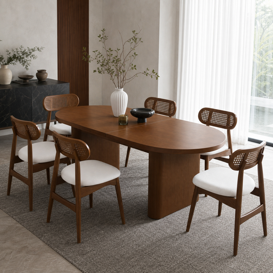 Kian - Wooden Top Dining Table, complete front three-quarter dining view in a contemporary room