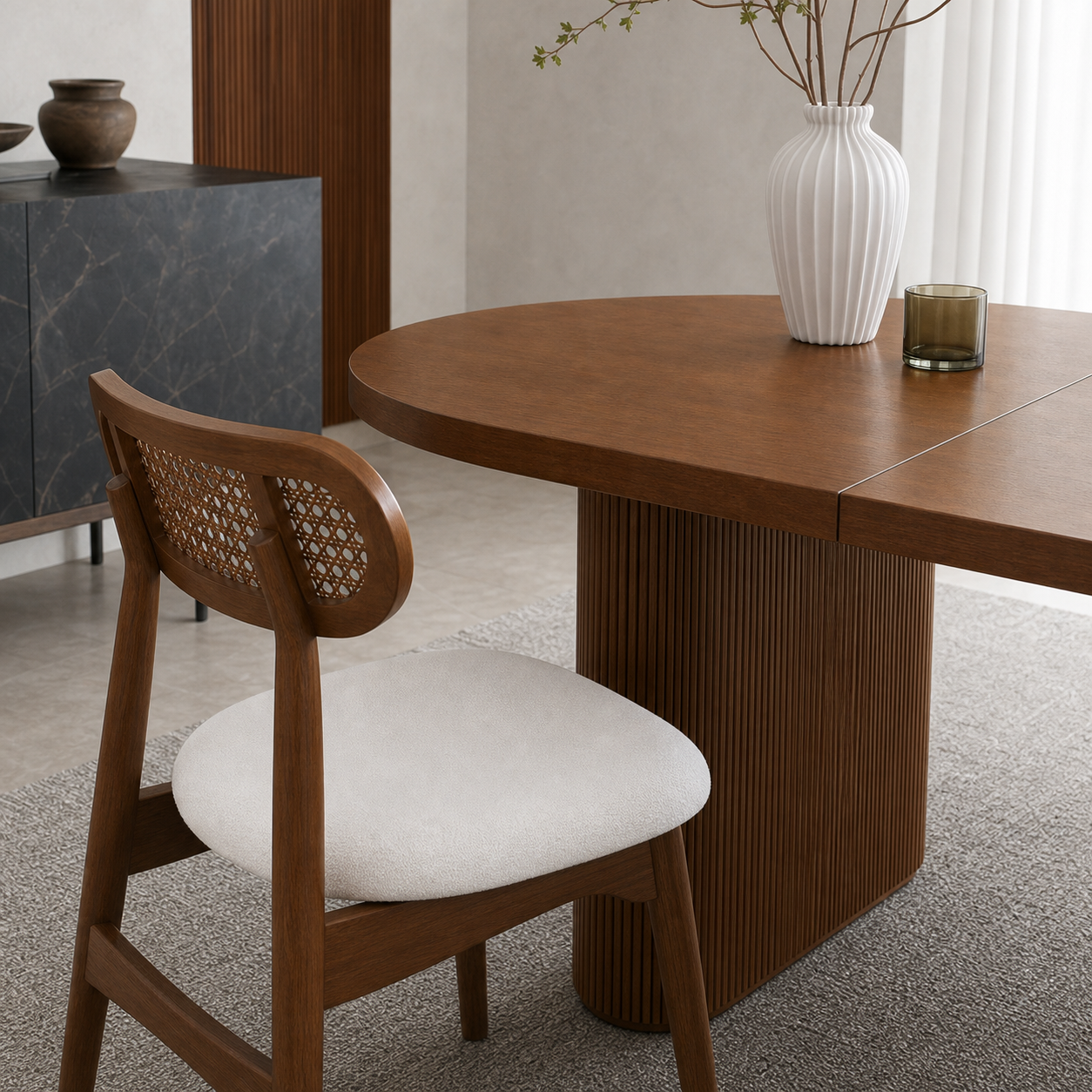 Kian - Wooden Top Dining Table, close chair, seating, or base construction detail