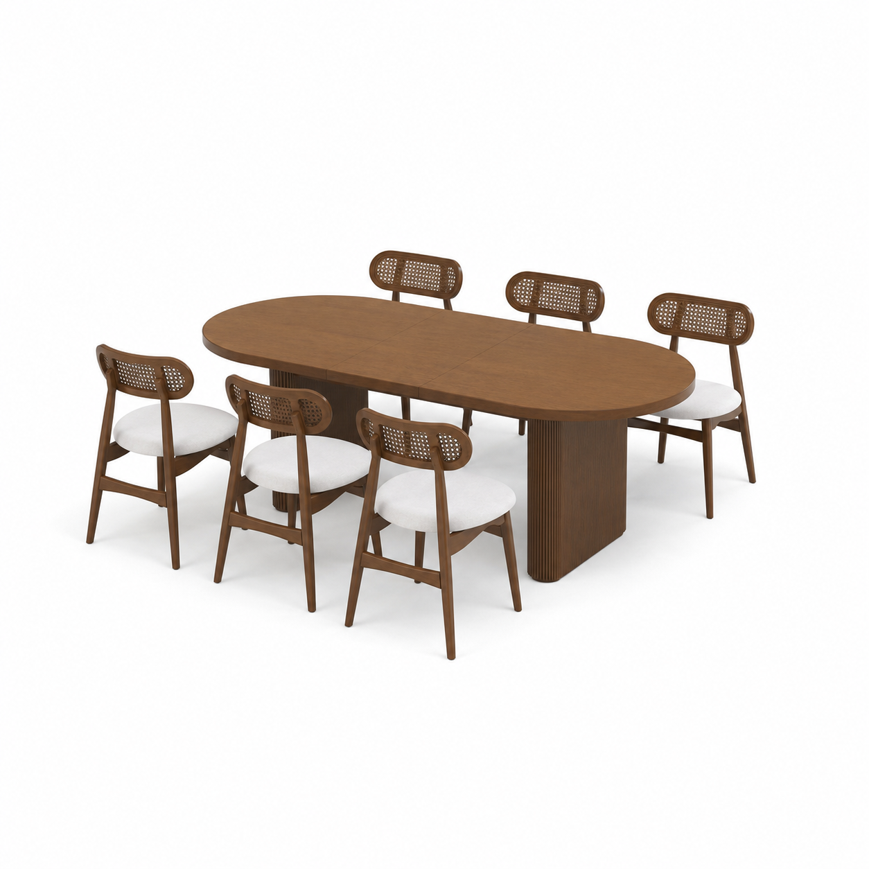 Kian - Wooden Top Dining Table, complete set front three-quarter studio view