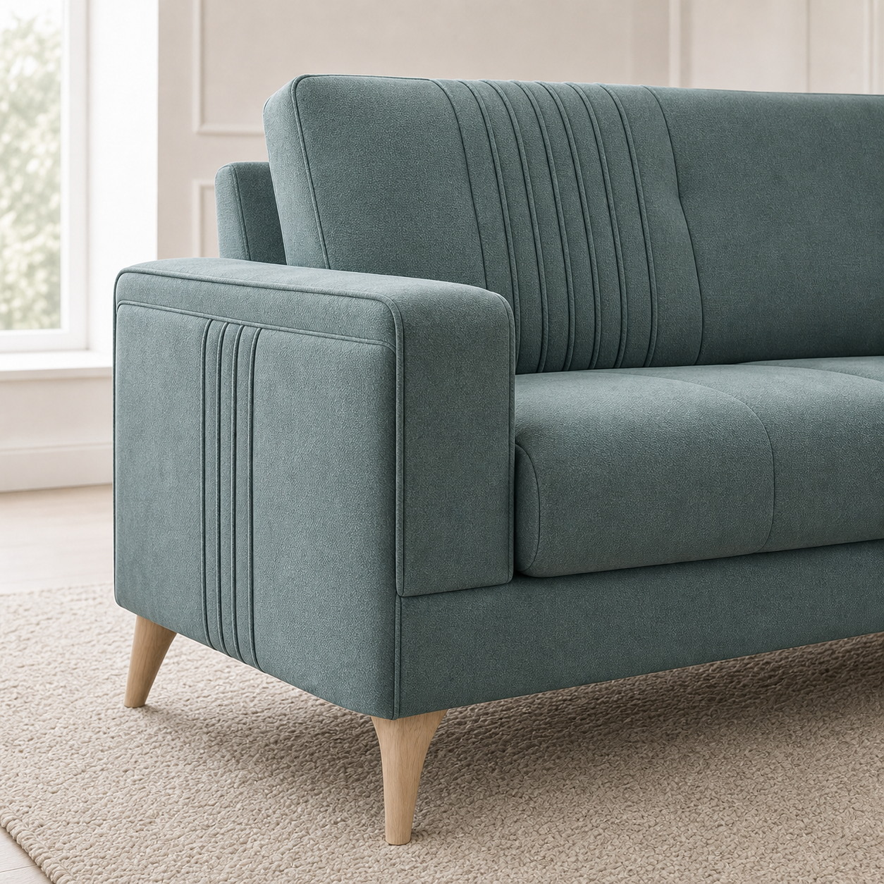 Detail view of Knox - 3+2+1 Sofa Set upholstery, seams, base, and legs