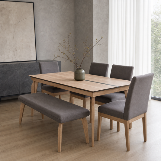 Lark - Wooden Top Dining Table, complete front three-quarter dining view in a contemporary room
